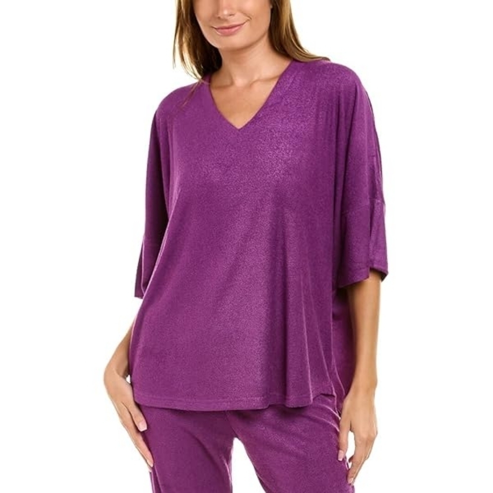 NWT N Natori Terry Cloth Lounge Oversized Slouchy Boxy Top Purple Size Medium